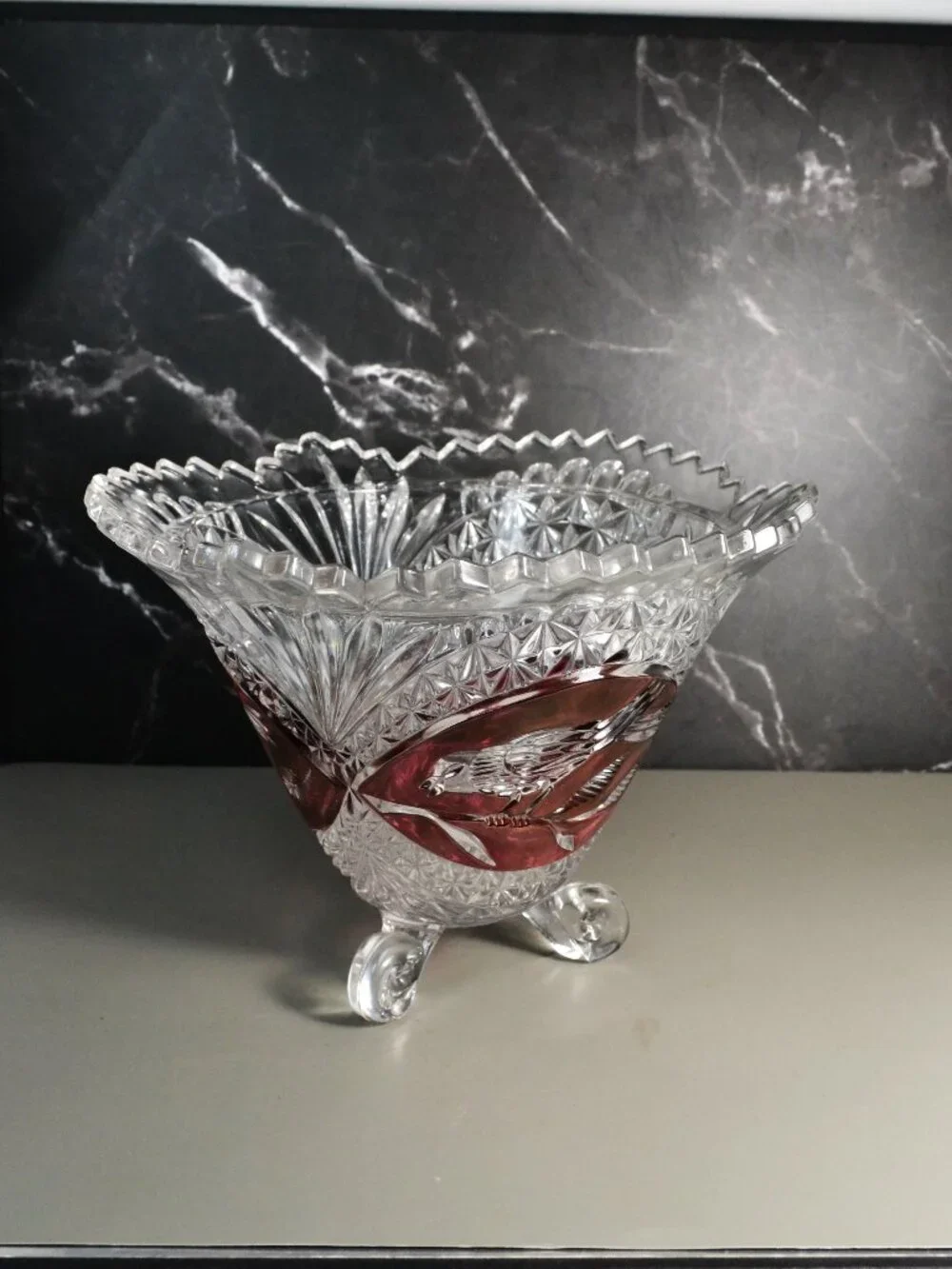 Hofbauer Byrdes Ruby Red Crystal 3 Footed Bowl Germany Vintage
